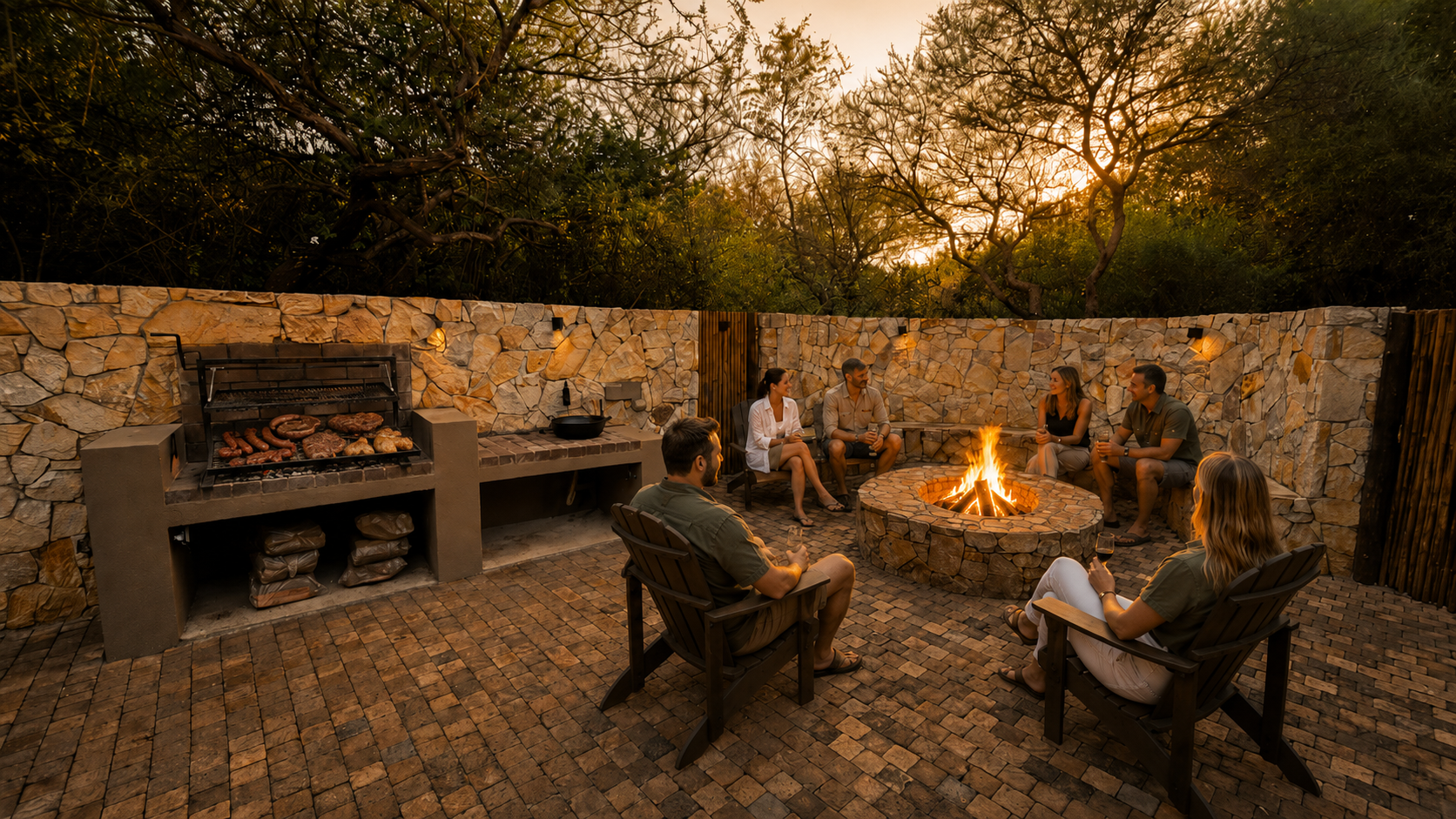 Guests gathered around the stone boma fire pit at sunset.