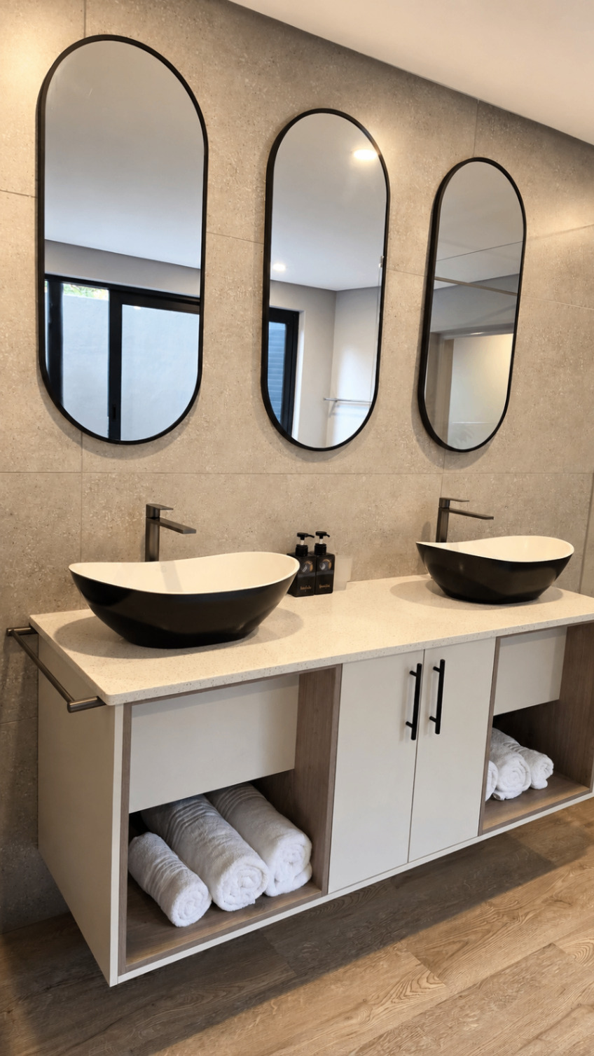 Twin vessel basins with backlit mirrors.