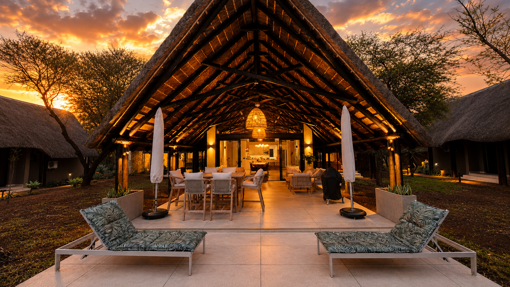 The thatched patio at sunset - long table, loungers, and the bush beyond.