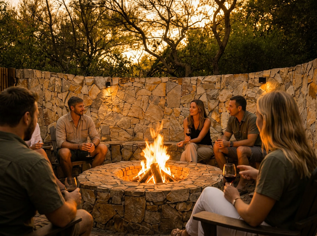 Guests gathered around the fire pit at the private boma