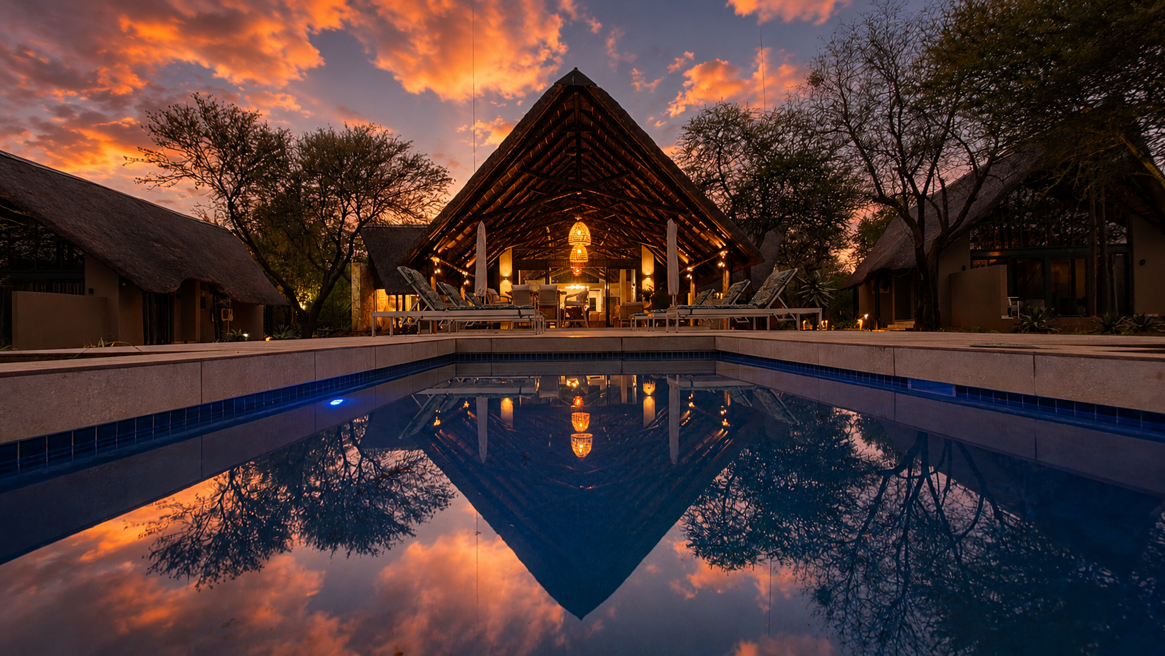 Sunset reflections across the pool and deck.