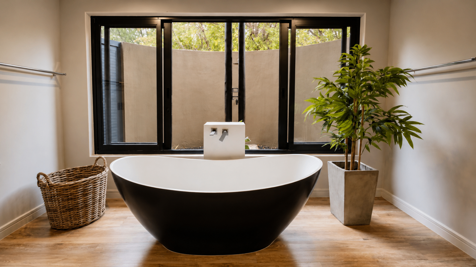 Freestanding bath beneath a bush-facing window.