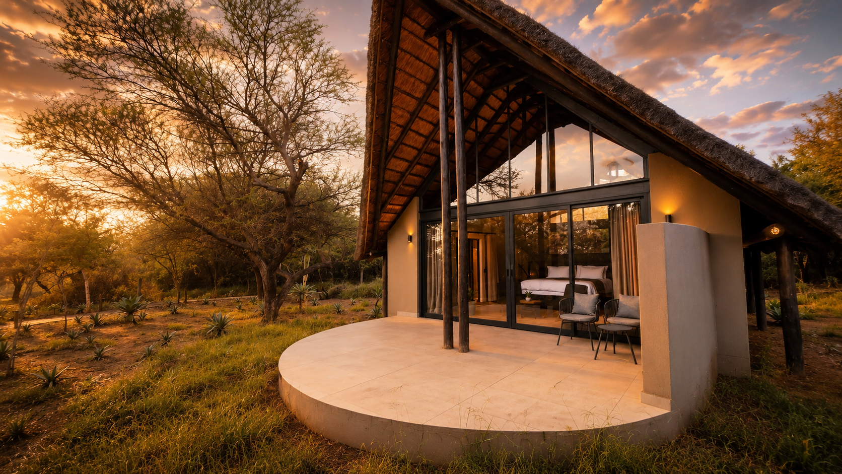 Chalet exterior with thatched A-frame roof and private patio.