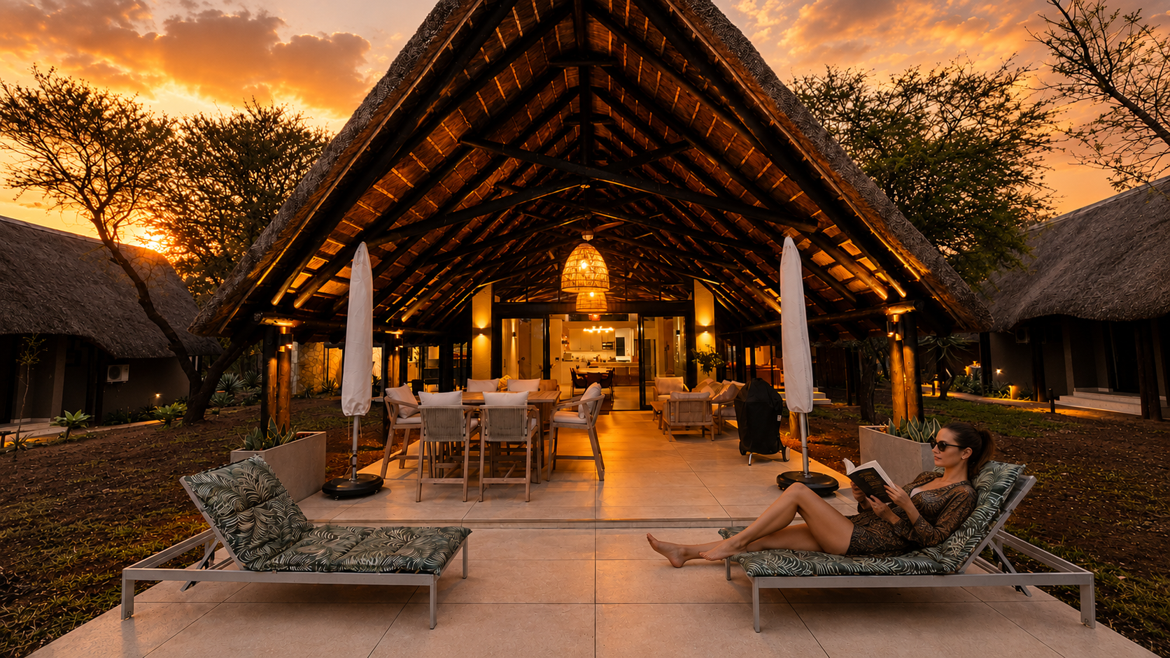 Golden hour on the lodge patio with the pool in the foreground.