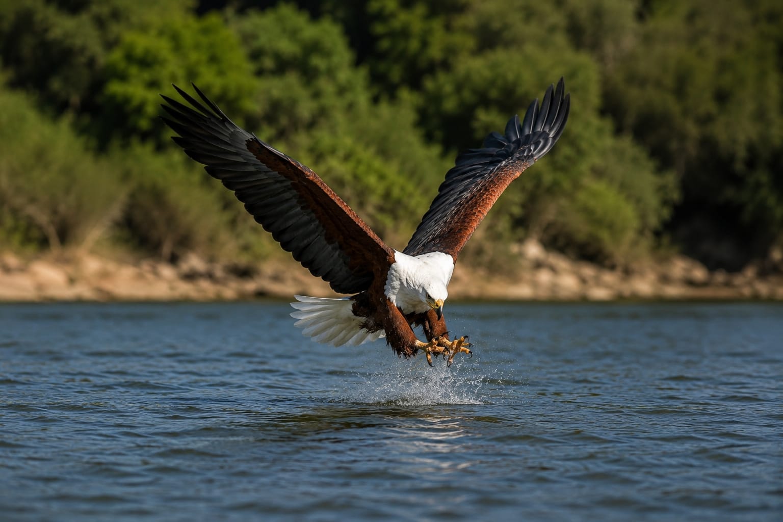 African fish eagle swooping down to catch a fish on the water