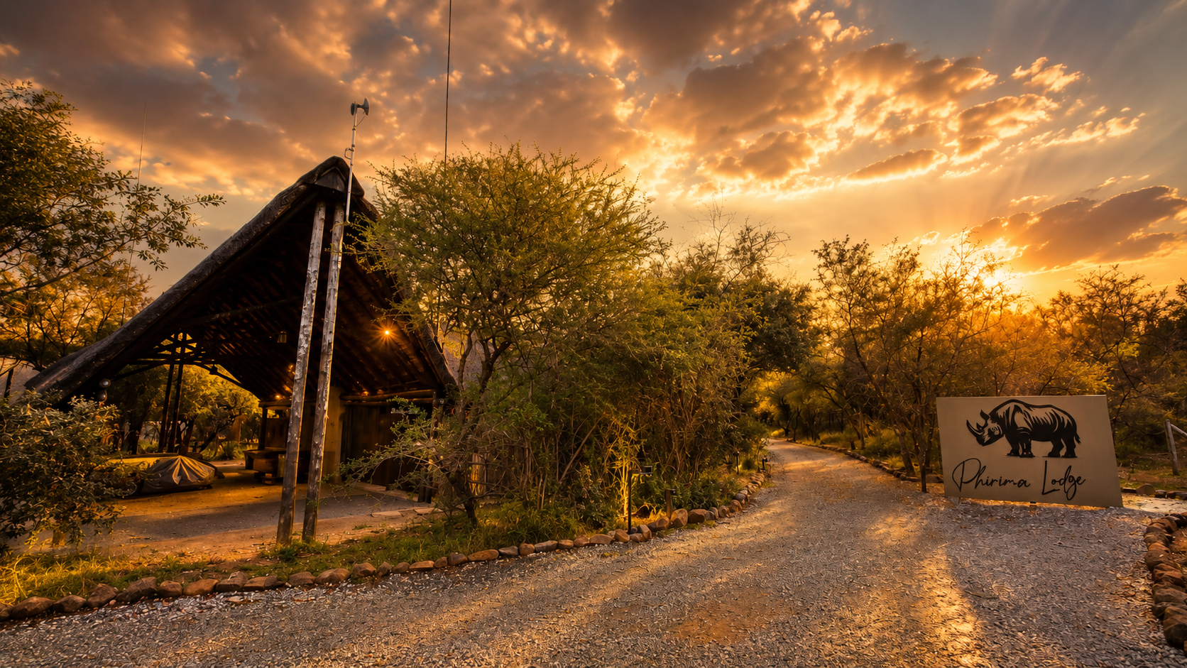 The main lodge entrance at dusk, welcoming you in.