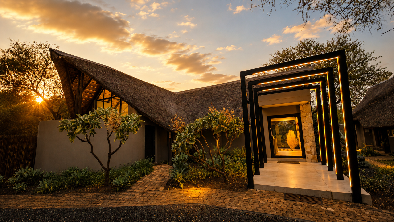 Phirima Lodge entrance at sunset with warm golden lighting through the modern archway