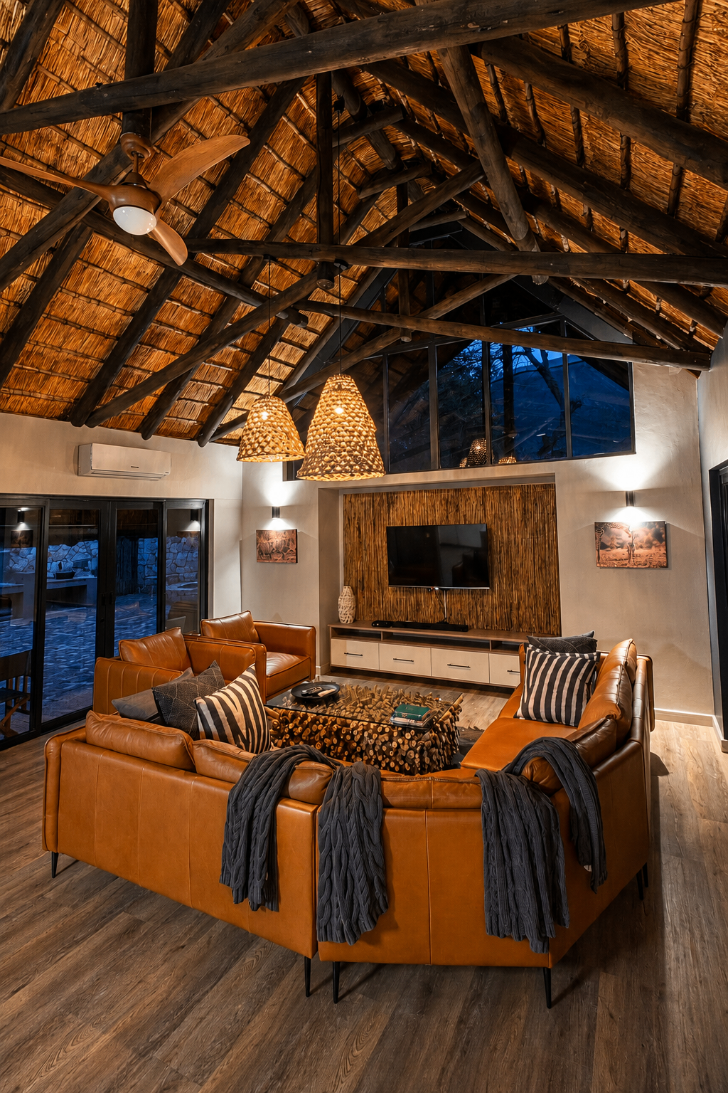 Detail of the lounge - soft textures, warm wood, soaring thatch.