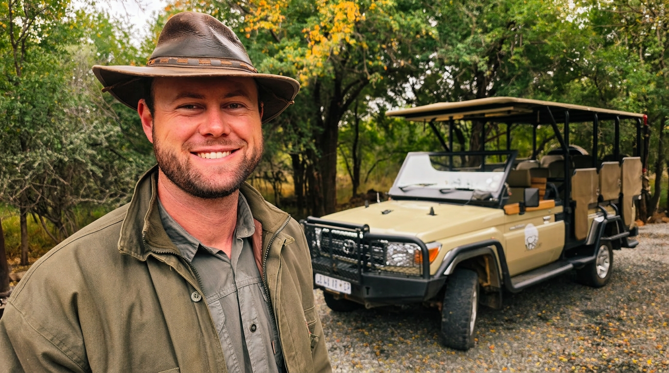 Your guide ready to head out - open safari vehicle at the lodge.