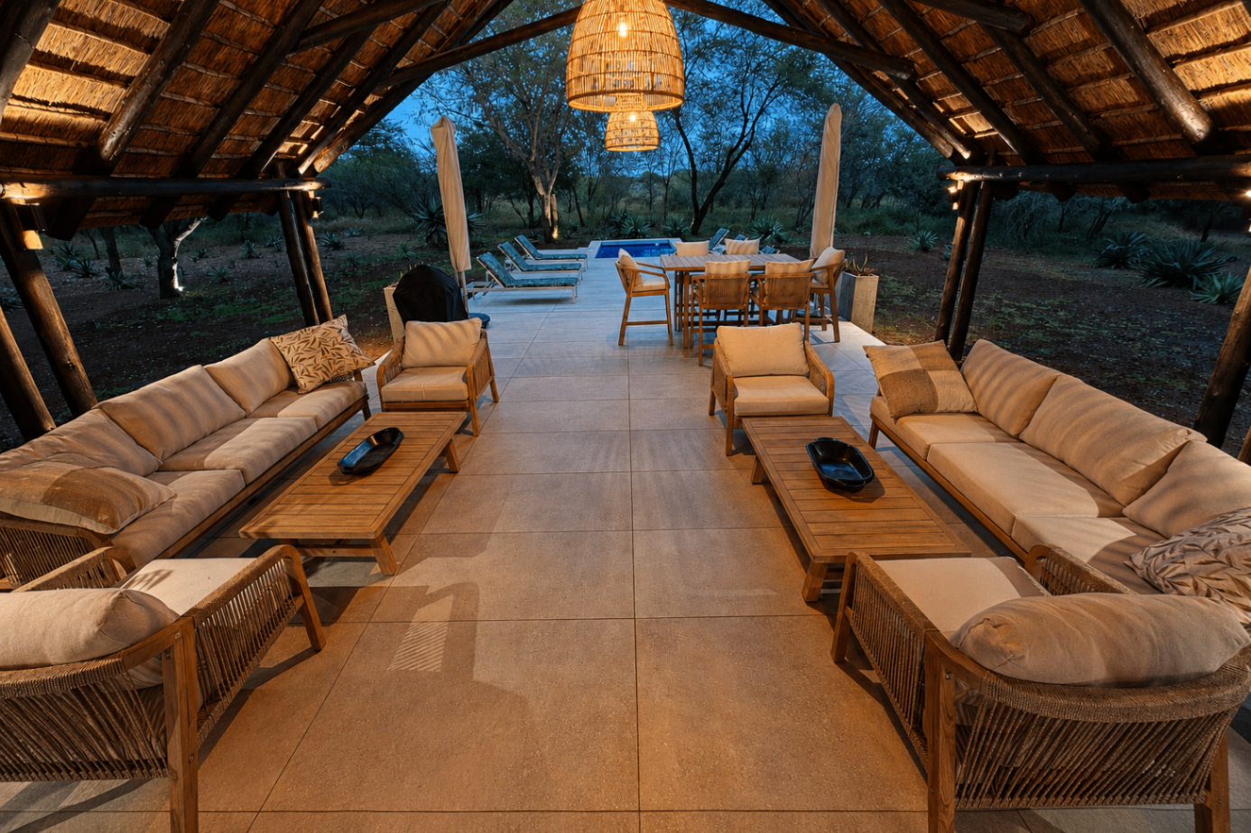 Wide view of the covered patio lounge.