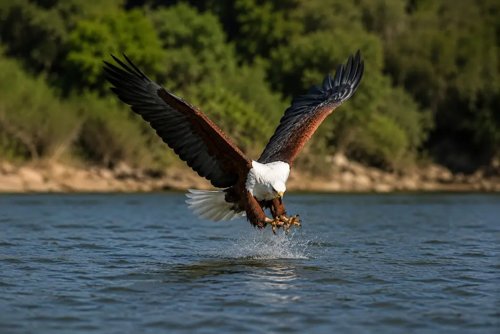 African fish eagle swooping down to catch a fish on the water