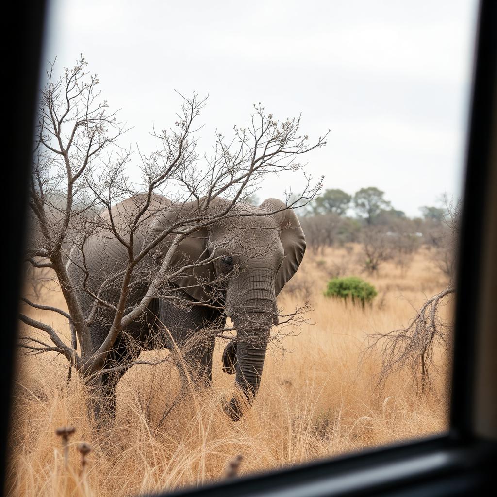 Elephant moving through the bushveld at golden hour.